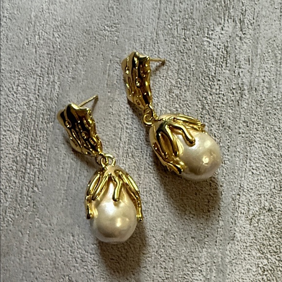 Gold and White Pearl Drop Earrings - Picture 3 of 6